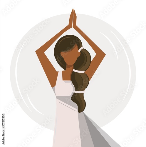 A girl in a tree pose practices yoga. Dancing young african american woman.Modern design with stylish brunette.Concept of positivity, creativity, active sport. Vector isolated design in flat style.