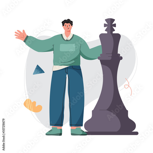 Smiling man stands near chess piece, king. Chess game. Business, leadership, strategy and tactics concept. Chess pieces. Flat vector illustration isolated on white background