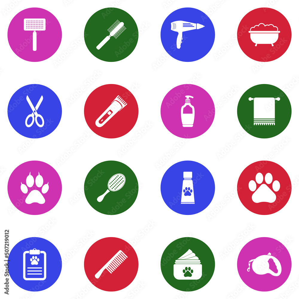 Pet Grooming Icons. White Flat Design In Circle. Vector Illustration. Pet Grooming Icons. White Flat Design In Circle. Vector Illustration.