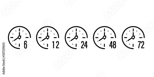 Clock arrow icons set 6, 12, 24, 48,72 hours. Countdown time. Delivery service, service time. Vector illustration.