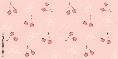 Outline pink cherry on a pale pink background with white flowers. Endless texture with abstract berry. Vector seamless pattern for cover, packaging, surface texture, bed linen and printing on clothes