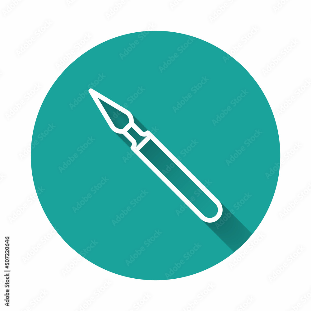 White line Medical surgery scalpel tool icon isolated with long shadow. Medical instrument. Green circle button. Vector Illustration White line Medical surgery scalpel tool icon isolated with long shadow. Medical instrument. Green circle button. Vector Illustration