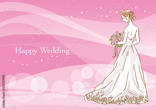 ウェディングドレスを着ている新婦の後ろ姿。ピンク背景