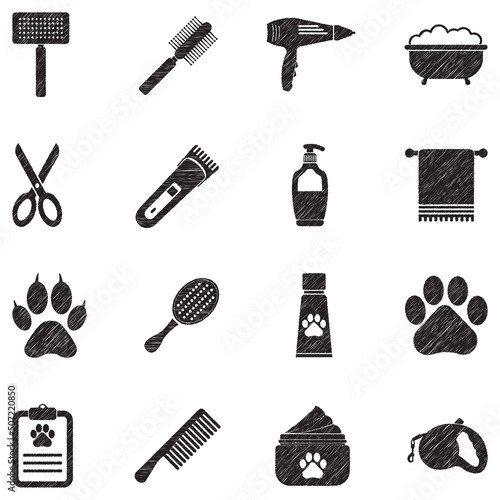 Pet Grooming Icons. Black Scribble Design. Vector Illustration.