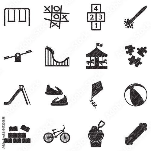 Kids Activities Icons. Black Scribble Design. Vector Illustration.