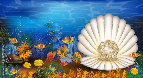 Underwater banner with diamond in seashell, tropical fish. vector illustration