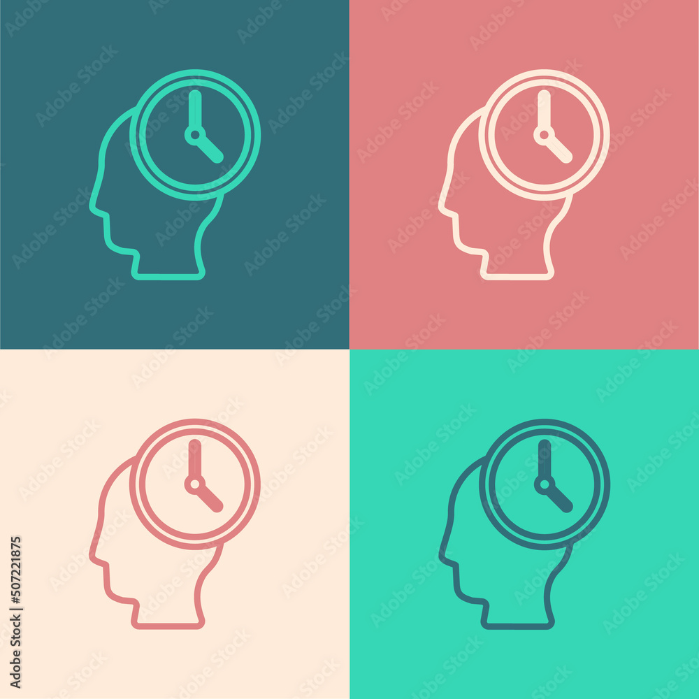 Pop art line Time Management icon isolated on color background. Clock and gear sign. Productivity symbol. Vector Pop art line Time Management icon isolated on color background. Clock and gear sign. Productivity symbol. Vector