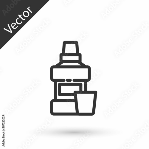 Grey line Mouthwash plastic bottle and glass icon isolated on white background. Liquid for rinsing mouth. Oralcare equipment. Vector