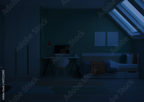 Modern teenager room interior with workplace and bed. Night. Evening lighting. 3D rendering.