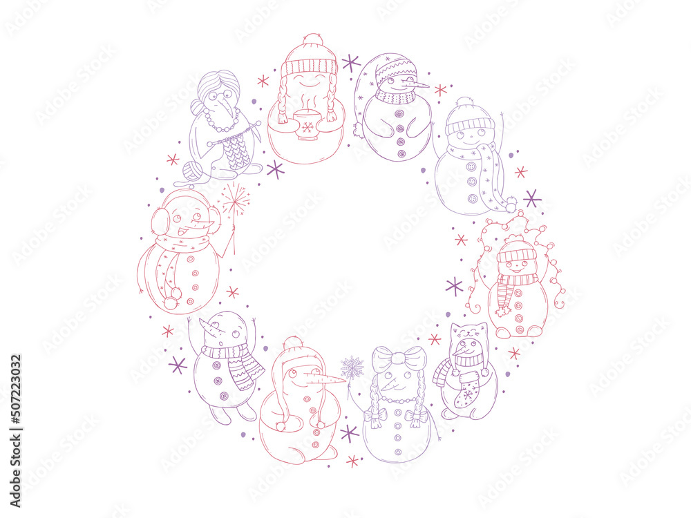Set of cute snowmen on a white background. Vector illustration in doodle style. Winter mood. Hello 2023. Merry Christmas and Happy New Year. Set of cute snowmen on a white background. Vector illustration in doodle style. Winter mood. Hello 2023. Merry Christmas and Happy New Year.
