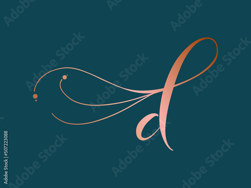 Letter d logo. Alphabet initial. Lowercase lettering sign isolated on dark green background. Calligraphic, script, decorative style icon for brand identity. Typography monogram.