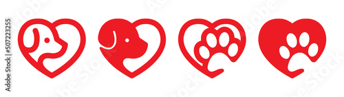 Dog Love Heart with cute puppy face and dog paw vector illustration set. Best used for pet care, pet-friendly logo.	