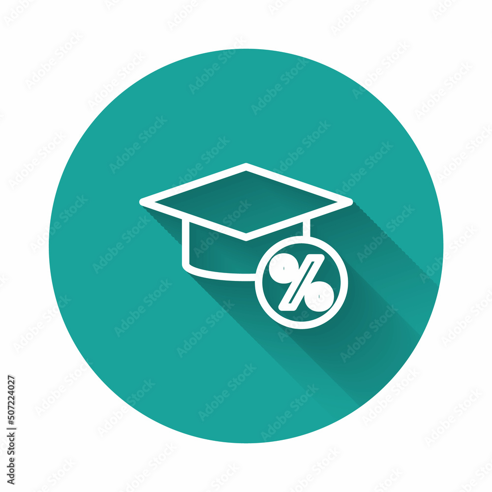 White line Graduation cap and coin icon isolated with long shadow background. Education and money. Concept of scholarship cost or loan, tuition or study fee. Green circle button. Vector White line Graduation cap and coin icon isolated with long shadow background. Education and money. Concept of scholarship cost or loan, tuition or study fee. Green circle button. Vector