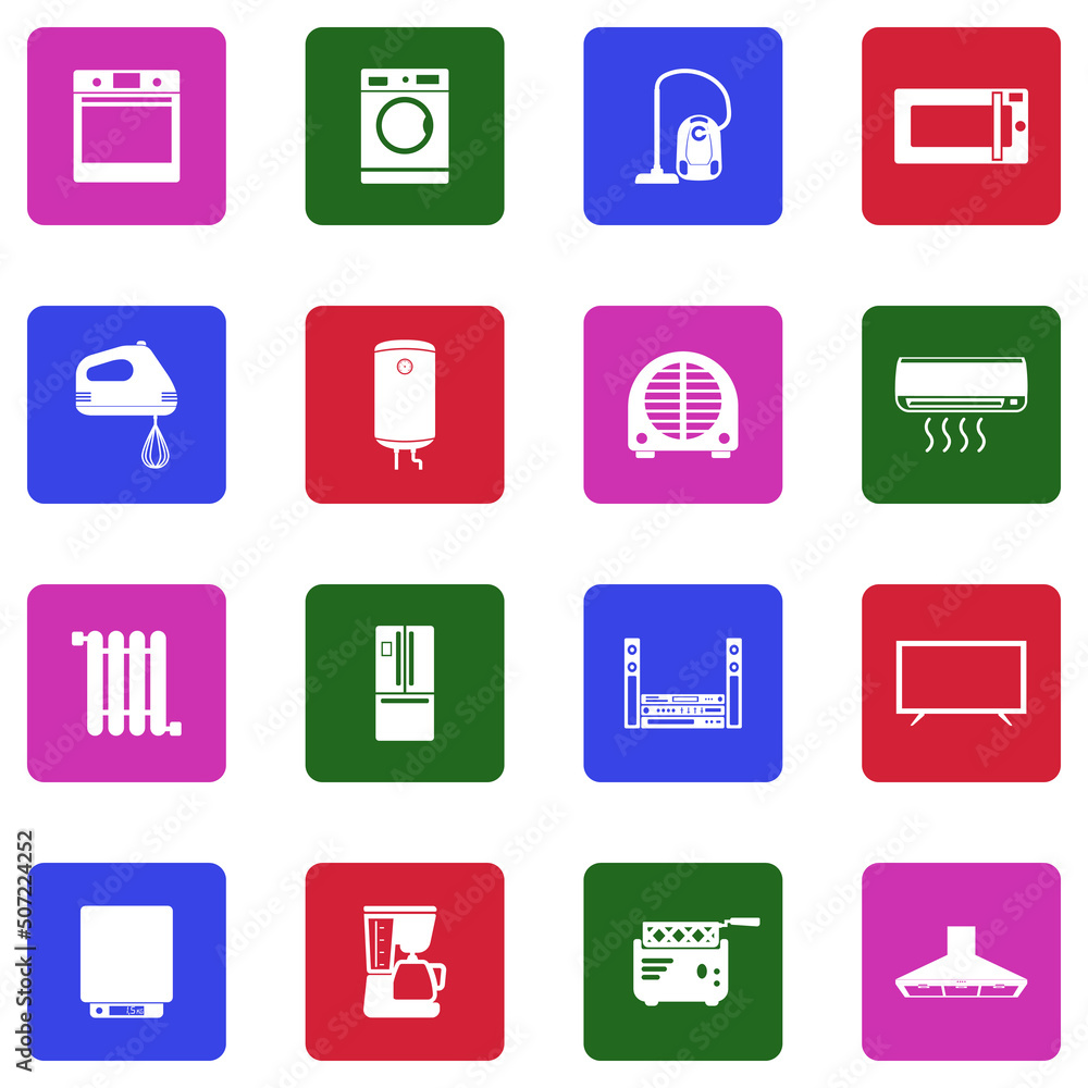 Household Appliances Icons. White Flat Design In Square. Vector Illustration. Household Appliances Icons. White Flat Design In Square. Vector Illustration.