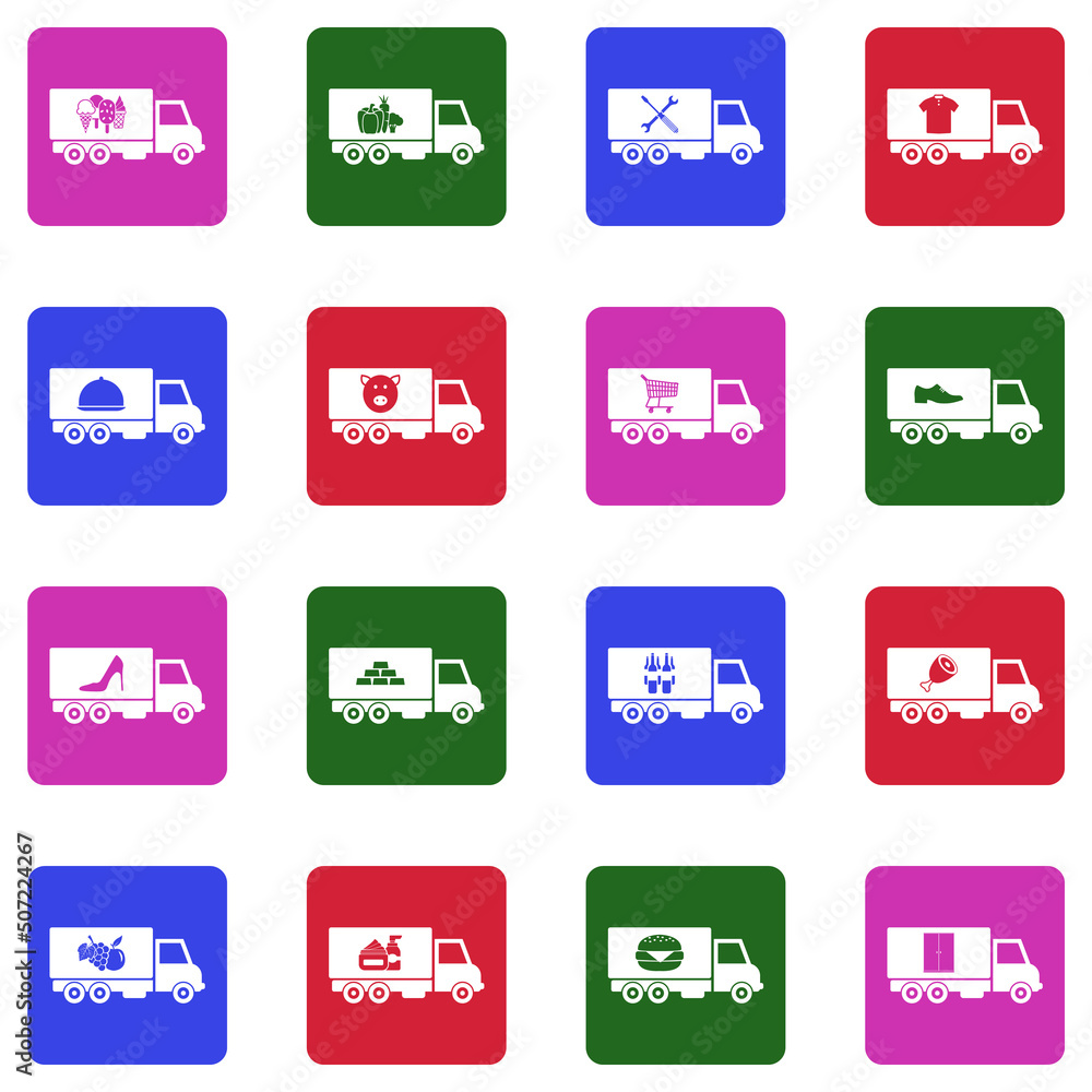 Truck Delivery Icons. White Flat Design In Square. Vector Illustration. Truck Delivery Icons. White Flat Design In Square. Vector Illustration.