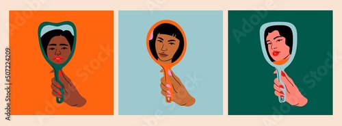 Woman's hand holding mirror reflexing her beautiful face. Lady staring at herself in mirror reflection. Hand drawn isolated Vector illustrations. Cartoon flat style. Self love, acceptance concept