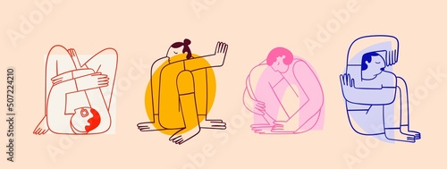 People sitting or lying in different poses. Sleeping in uncomfortable positions concept. Cute abstract characters. Hand drawn colorful modern Vector illustration. Cartoon trendy style
