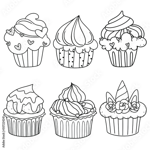 A set of cute sweet cupcake with cream, hearts, unicorn. Kawaii coloring page. Black and white illustration for kids coloring book.