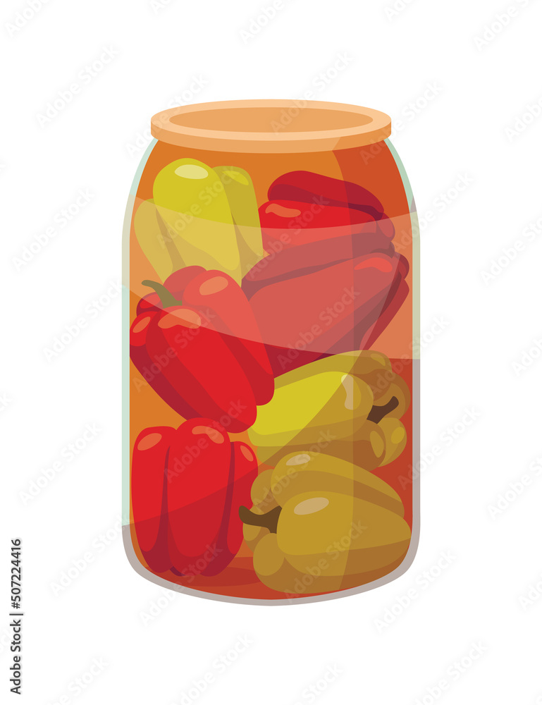 Jar preserved vegetables. Can of pickled pepper. Cartoon canned food in glass. Grocery conserve container Jar preserved vegetables. Can of pickled pepper. Cartoon canned food in glass. Grocery conserve container
