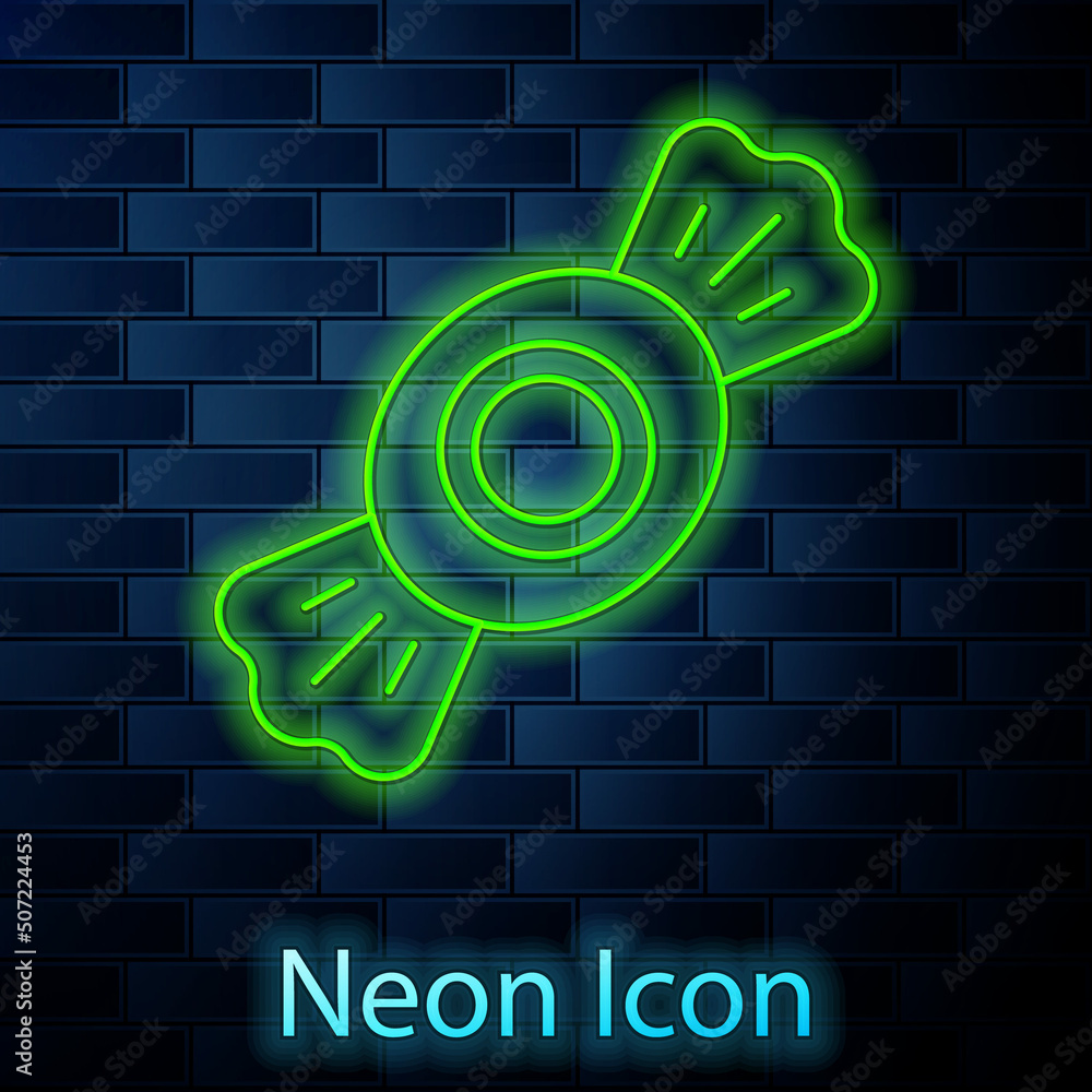 Glowing neon line Candy icon isolated on brick wall background. Vector Glowing neon line Candy icon isolated on brick wall background. Vector