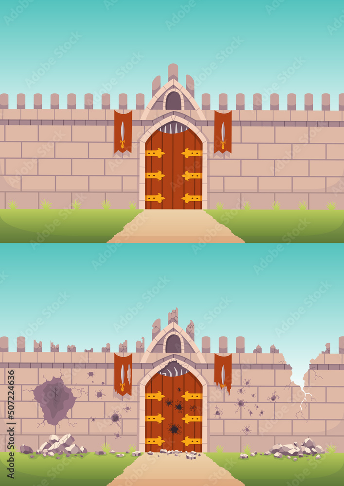 Medieval walls in two types before and after enemies attack or siege