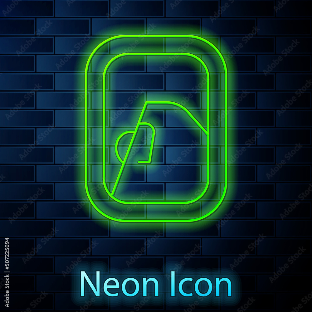Glowing neon line Airplane window icon isolated on brick wall background. Aircraft porthole. Vector