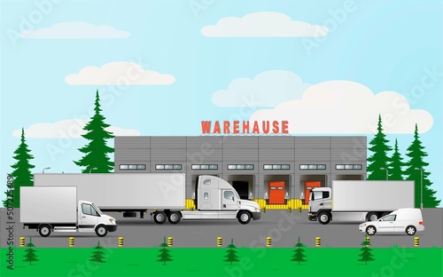 Warehouse logistics complex. Vehicles for the delivery of goods with a carrying capacity of 20, 10, 3, 0.5 tons.