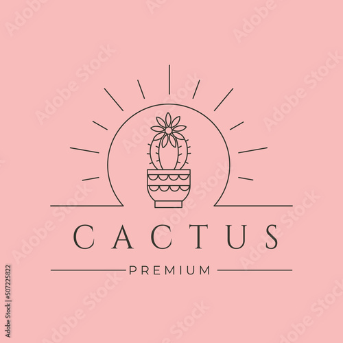 cactus and sunburst line art logo vector symbol illustration design