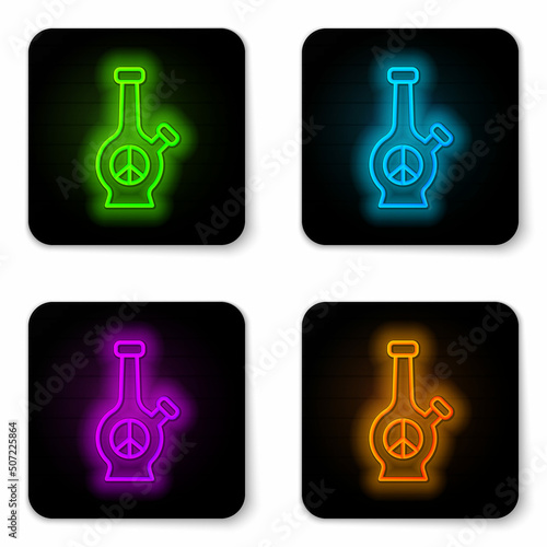 Glowing neon line Glass bong for smoking marijuana or cannabis icon isolated on white background. Black square button. Vector