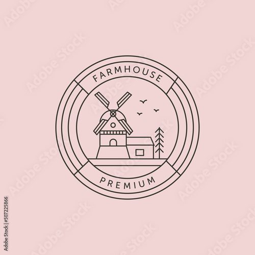 windmill farm house line art logo vector symbol illustration design
