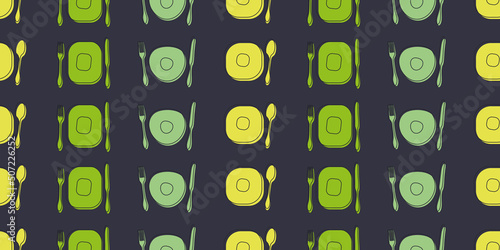 Seamless Cutlery Pattern Background - Rows of Retro Style Hand Drawn Fork, Spoon, Knife and Plate Symbols