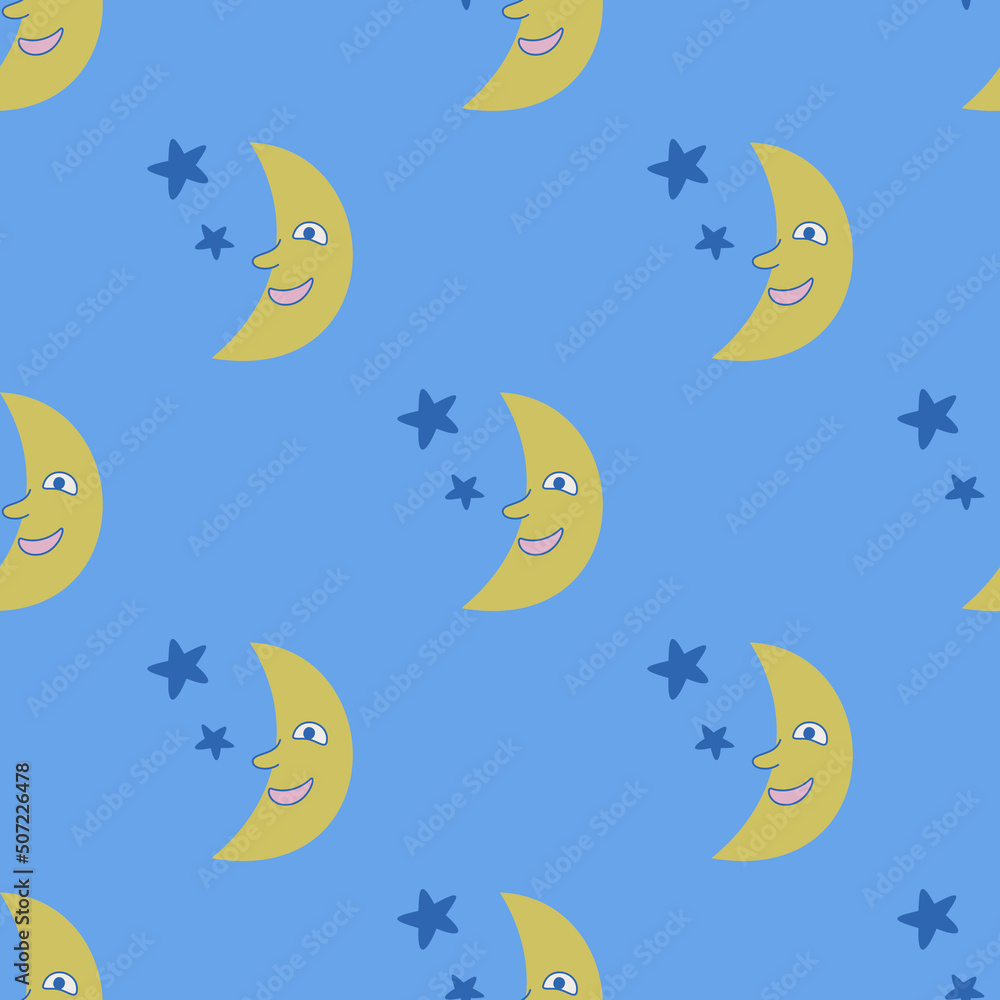 Obraz premium Seamless vector Moon pattern. Illustration of Moon with face. Background for design, fabric, textile, cover, wrapping.