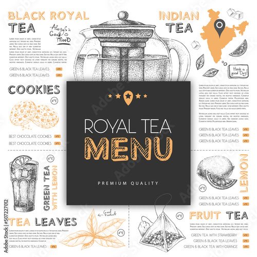 Restaurant royal tea menu design with hand drawing tea elements. Vector illustration