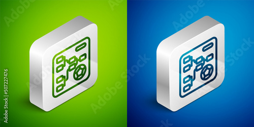 Isometric line Results and standing tables scoreboard championship tournament bracket icon isolated on green and blue background. Silver square button. Vector