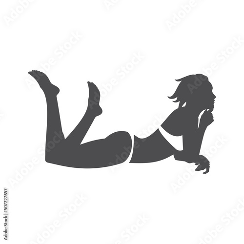 Monochrome playful woman in swimsuit silhouette lying on beach enjoy sunbathing summer vacation vector illustration. Minimalist female with perfect slim body in bikini resting exotic seaside resort