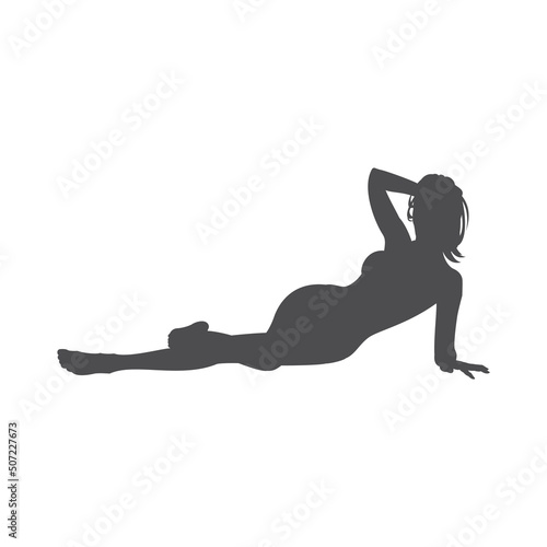 Silhouette seductive naked slim lady posing with perfect body breast and legs monochrome vector illustration. Beauty female erotic torso healthy nude undressed figure shape lying with hand behind head