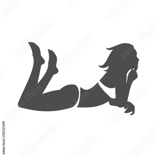 Monochrome playful woman in swimsuit silhouette lying on beach enjoy sunbathing summer vacation vector illustration. Minimalist female with perfect slim body in bikini resting exotic seaside resort