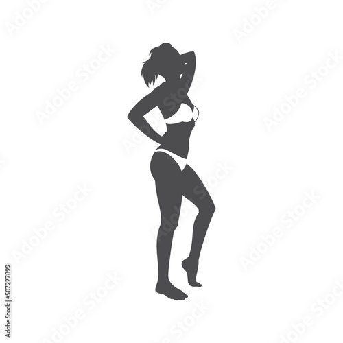 Sexy woman in bikini posing relaxing on beach side view monochrome silhouette vector illustration. Fashion lady in swimsuit resting summer tropical resort seaside enjoying sunbathing label isolated
