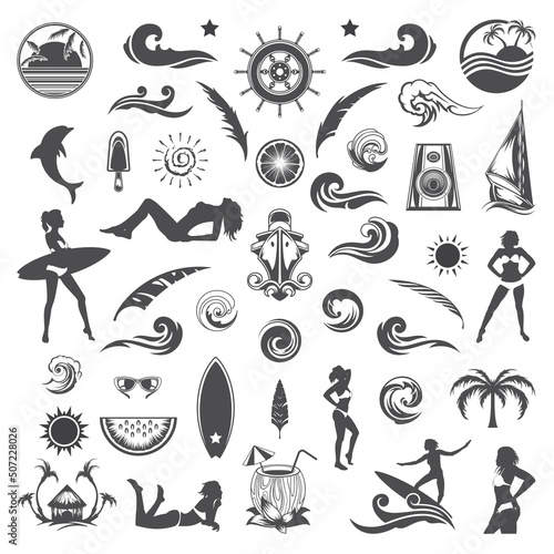 Summer vector icons and silhouettes set in retro style isolated on white background. Can be used for poster, badge and advertising banner.