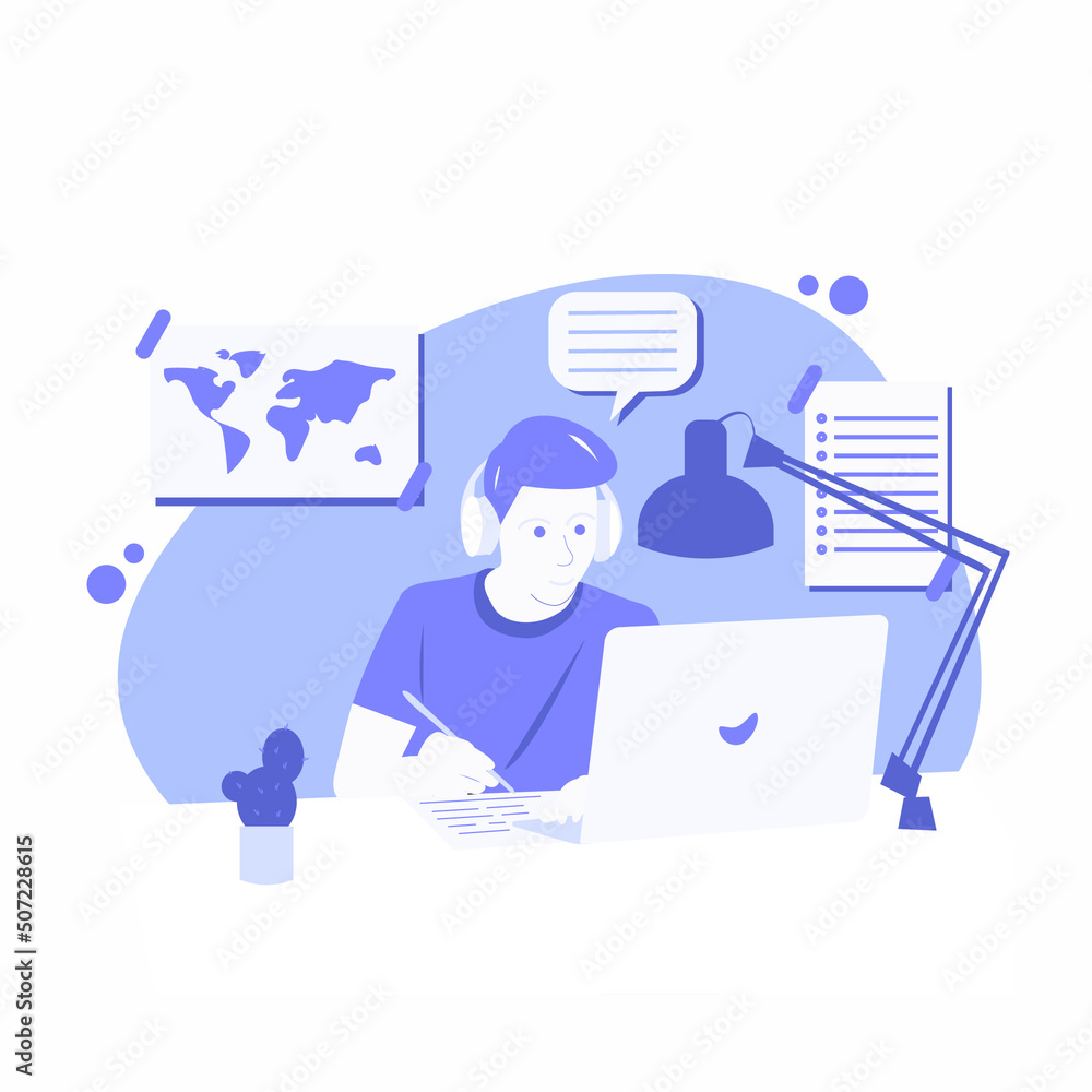 Young man learning or working online. Freelance or online education concept. Vector EPS 10 illustration. Young man learning or working online. Freelance or online education concept. Vector EPS 10 illustration.