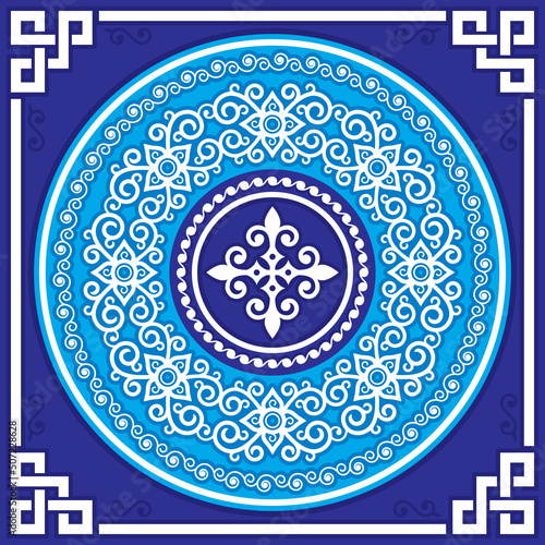 Mongolian folk art vector design with mandala with swirls and celtic frame, traditional oriental style background
