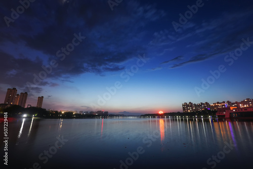 Night view of waterfront city, North China