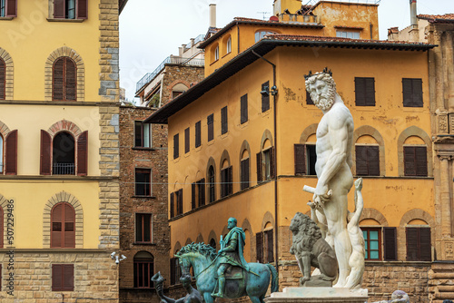Florence downtown, the Neptune Fountain (Roman deity), by Bartolomeo Ammannati 1560-1565, Piazza della Signoria, UNESCO world heritage site,Tuscany, Italy, Europe. photo