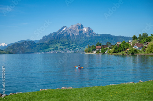  lake Lucerne (Vierwaldstatersee) in Weggis village with the view of Pilatus mount. Switzerland.
