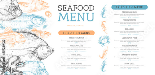 Seafood menu design with different kinds of fish. Vector illustration