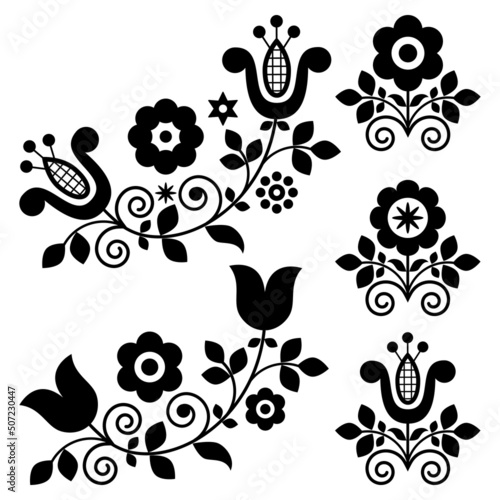 Retro polish folk art vector design elements with flowers perfect for greeting card or wedding invitation in black and white
	
