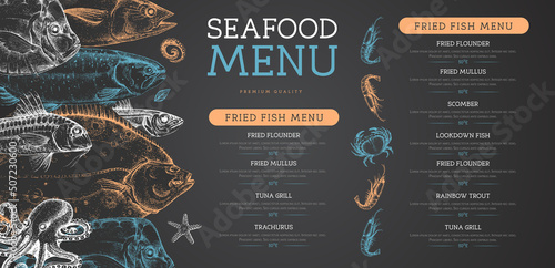 Chalk drawing Seafood menu design with different kinds of fish. Vector illustration