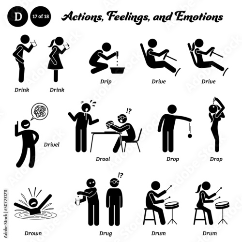 Stick figure human people man action, feelings, and emotions icons alphabet D. Drink, drip, drive, drivel, drool, drop, drown, drug, and drum.