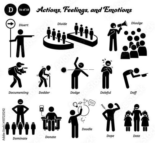 Stick figure human people man action, feelings, and emotions icons alphabet D. Divert, divide, divulge, documenting, dodder, dodge, doleful, doff, dominate, donate, doodle, dope, and dote.