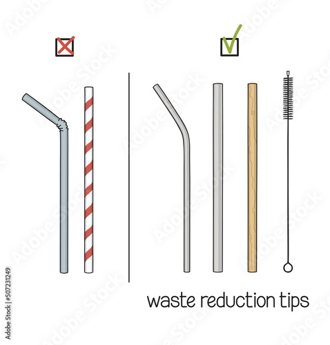 Waste reduction tips. Choice of reusable drinking straws instead of single use plastic ones. Say no to plastic straws concept. Eco-friendly living, Zero waste lifestyle photo